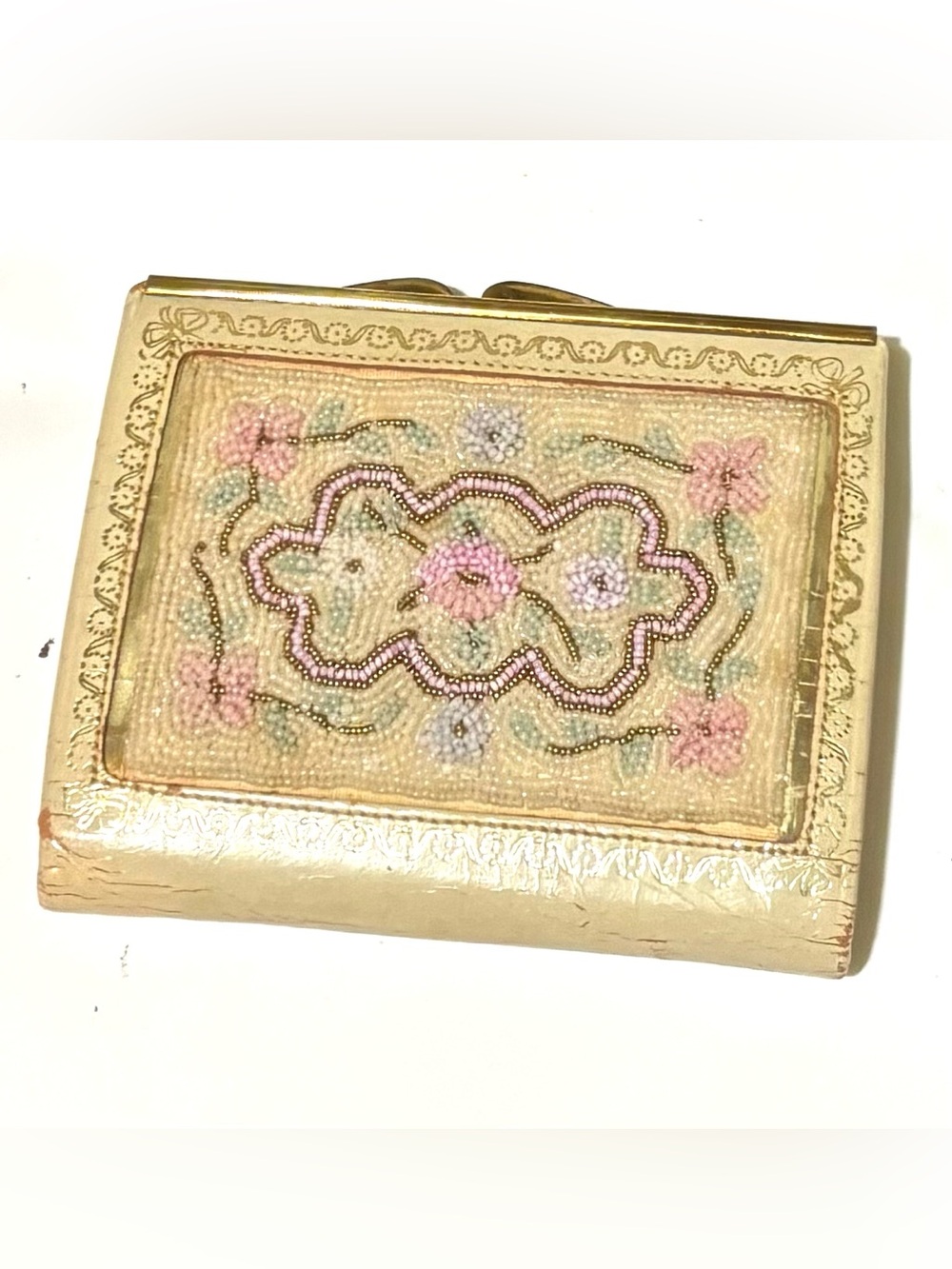 Gold Beaded embroidery  Floral wallet- Pink and Cream